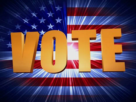 3d golden word vote with shining american flag