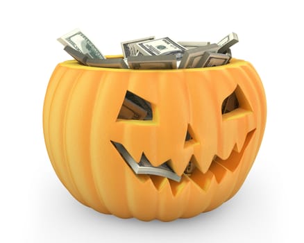 Holiday pumpkin jack lantern full of dollars isolated on white background