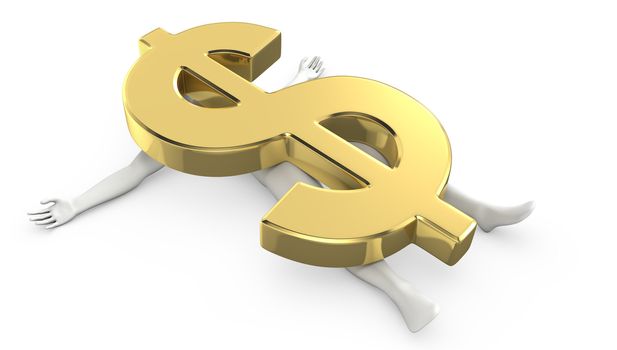 Abstract white man was hit by fallen dollar sign, isolated by white background