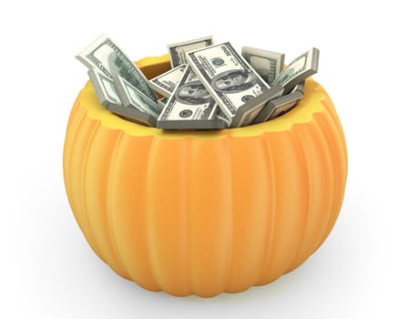 Orange pumpkin full of dollar packs isolated on white background