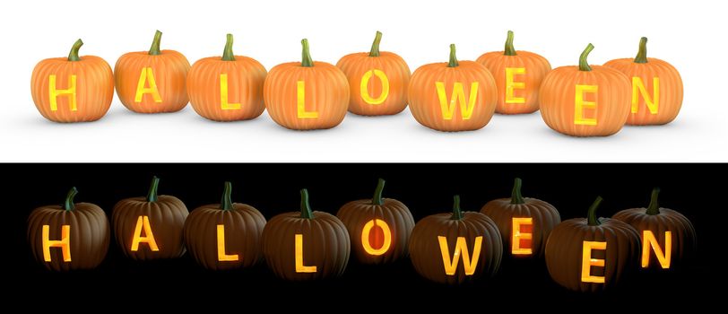 Halloween text carved on pumpkin jack lantern isolated on and white background