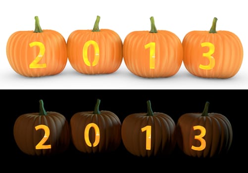 2013 text carved on pumpkin jack lantern isolated on and white background