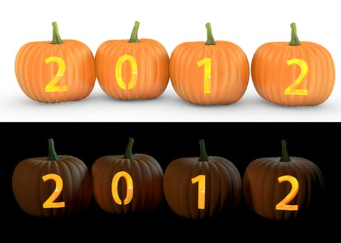 2012 text carved on pumpkin jack lantern isolated on and white background