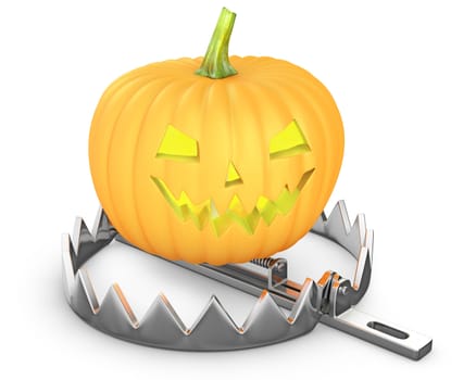 Pumpkin jack lantern in a bear trap isolated on white background