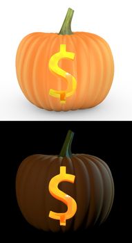 Dollar symbol carved on pumpkin jack lantern isolated on and white background
