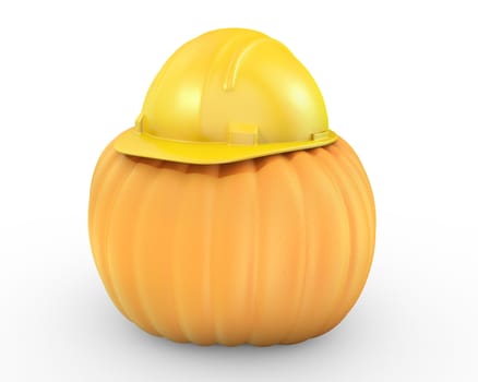 Orange pumpkin in a yellow helmet isolated on white background