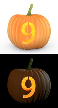 Number 9 carved on pumpkin jack lantern isolated on and white background