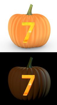 Number 7 carved on pumpkin jack lantern isolated on and white background