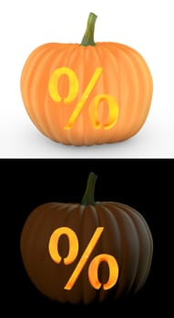 Percent symbol carved on pumpkin jack lantern isolated on and white background