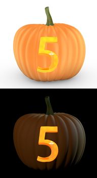 Number 5 carved on pumpkin jack lantern isolated on and white background