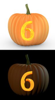 Number 6 carved on pumpkin jack lantern isolated on and white background