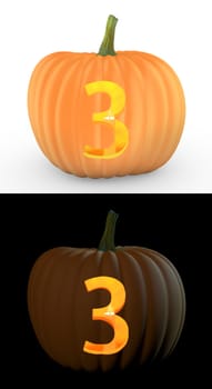 Number 3 carved on pumpkin jack lantern isolated on and white background