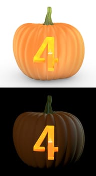 Number 4 carved on pumpkin jack lantern isolated on and white background