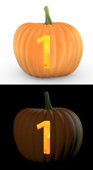 Number 1 carved on pumpkin jack lantern isolated on and white background