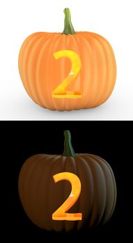 Number 2 carved on pumpkin jack lantern isolated on and white background