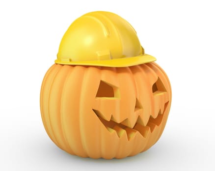 Holiday pumpkin jack lantern in a yellow helmet isolated on white background