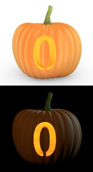 Number 0 carved on pumpkin jack lantern isolated on and white background