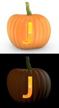 J letter carved on pumpkin jack lantern isolated on and white background