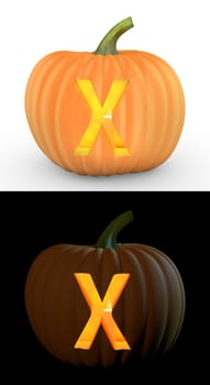 X letter carved on pumpkin jack lantern isolated on and white background