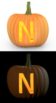 N letter carved on pumpkin jack lantern isolated on and white background