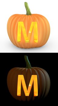 M letter carved on pumpkin jack lantern isolated on and white background