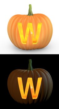 W letter carved on pumpkin jack lantern isolated on and white background