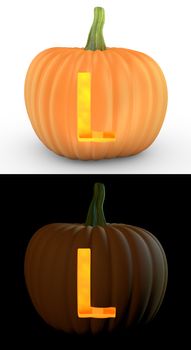 L letter carved on pumpkin jack lantern isolated on and white background