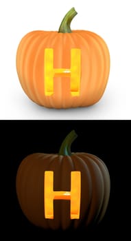 H letter carved on pumpkin jack lantern isolated on and white background