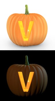 V letter carved on pumpkin jack lantern isolated on and white background