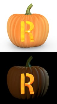 R letter carved on pumpkin jack lantern isolated on and white background