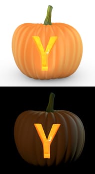 Y letter carved on pumpkin jack lantern isolated on and white background