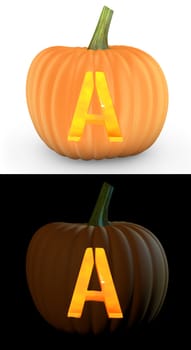 A letter carved on pumpkin jack lantern isolated on and white background