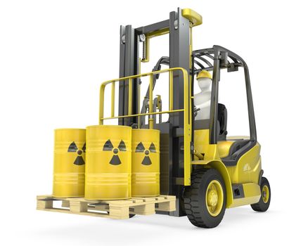 Fork lift truck with radioactive barrels, isolated on white background