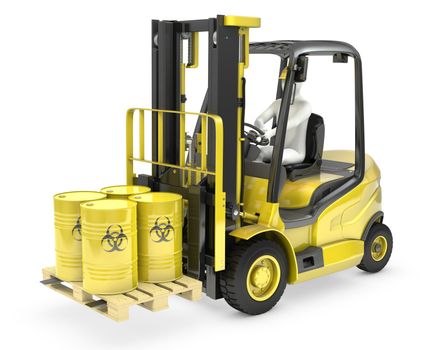 Fork lift truck with biohazard barrels, isolated on white background