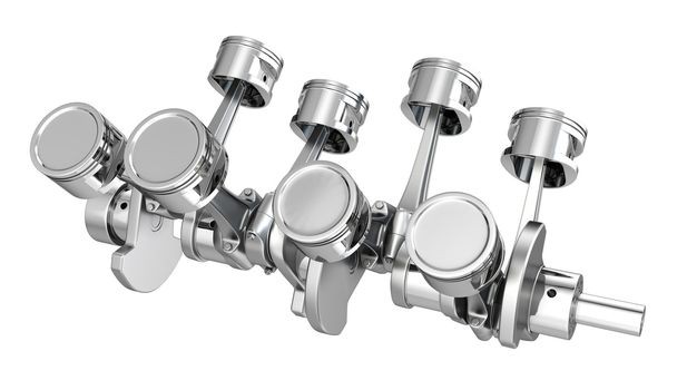 V8 engine pistons on a crankshaft, isolated on white background
