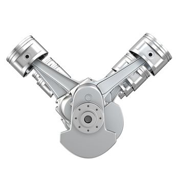 V8 engine pistons on a crankshaft, front view, isolated on white background