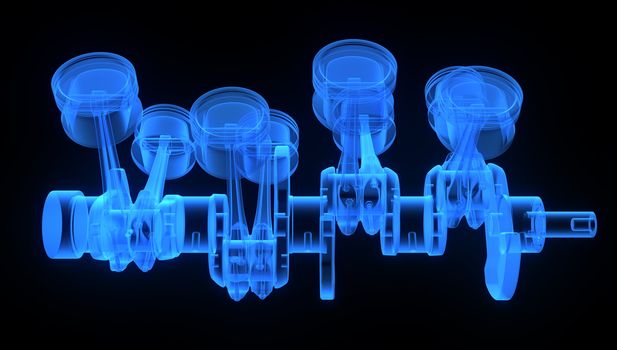 V8 engine pistons on a crankshaft, blue x-ray version on black background