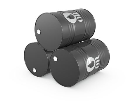 Pyramid of three oil barrels, isolated on white background