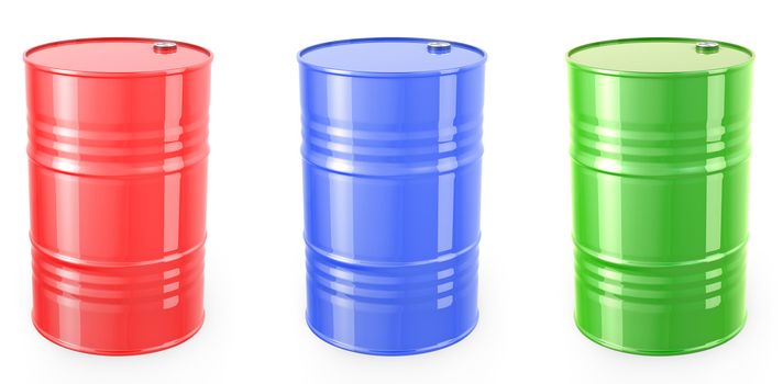 Three single red barrels, red, green and blue isolated on white background