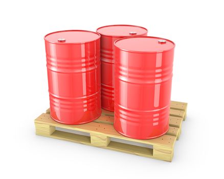 Three red barrels on a pallet isolated on white background