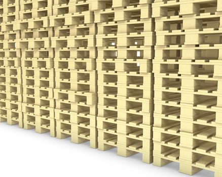 Large group of wooden pallets isolated on white background