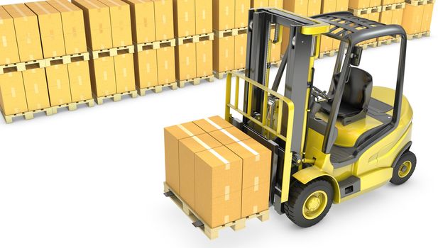 Yellow fork lift truck with stack of carton boxes, isolated on white background