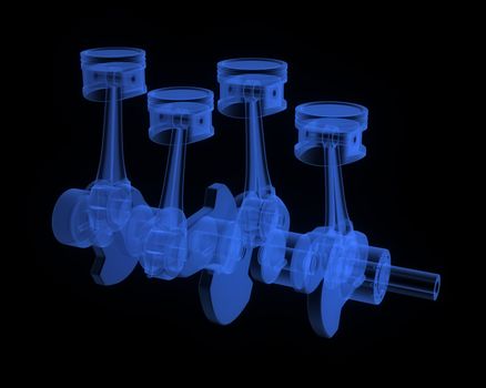 Engine pistons on a crankshaft, blue x-ray version on black background