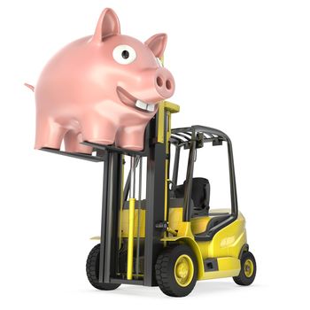 Fork lift truck lifts up coin bank, isolated on white background