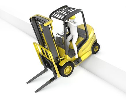 Yellow fork lift truck stuck after falling from ramp, isolated on white background