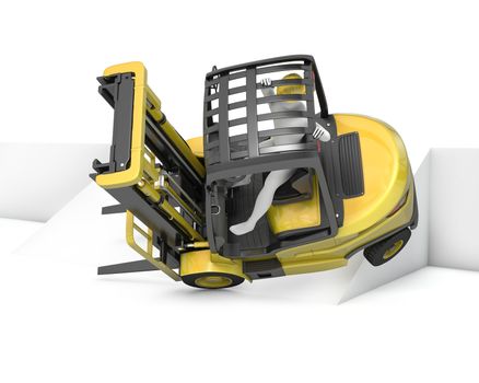 Yellow fork lift truck falling after turning on slope, isolated on white background