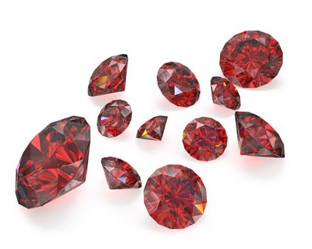 Few round cut rubies, isolated on white background