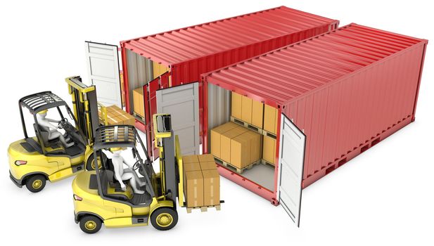 Two yellow lift truck unloading containers, isolated on white background