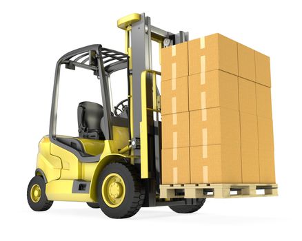 Yellow fork lift truck with big stack of carton boxes, isolated on white background