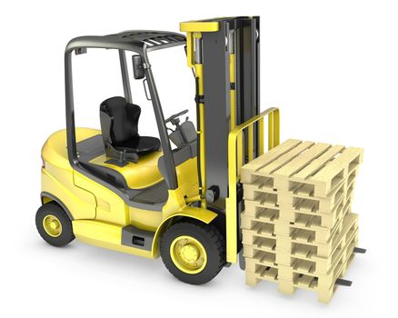 Yellow fork lift truck, with stack of pallets, isolated on white background